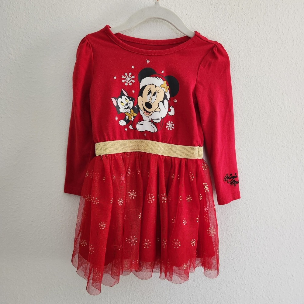 Disney Minnie Mouse Red Holiday Tutu Dress Toddler Girls 2T Long Sleeve Gold